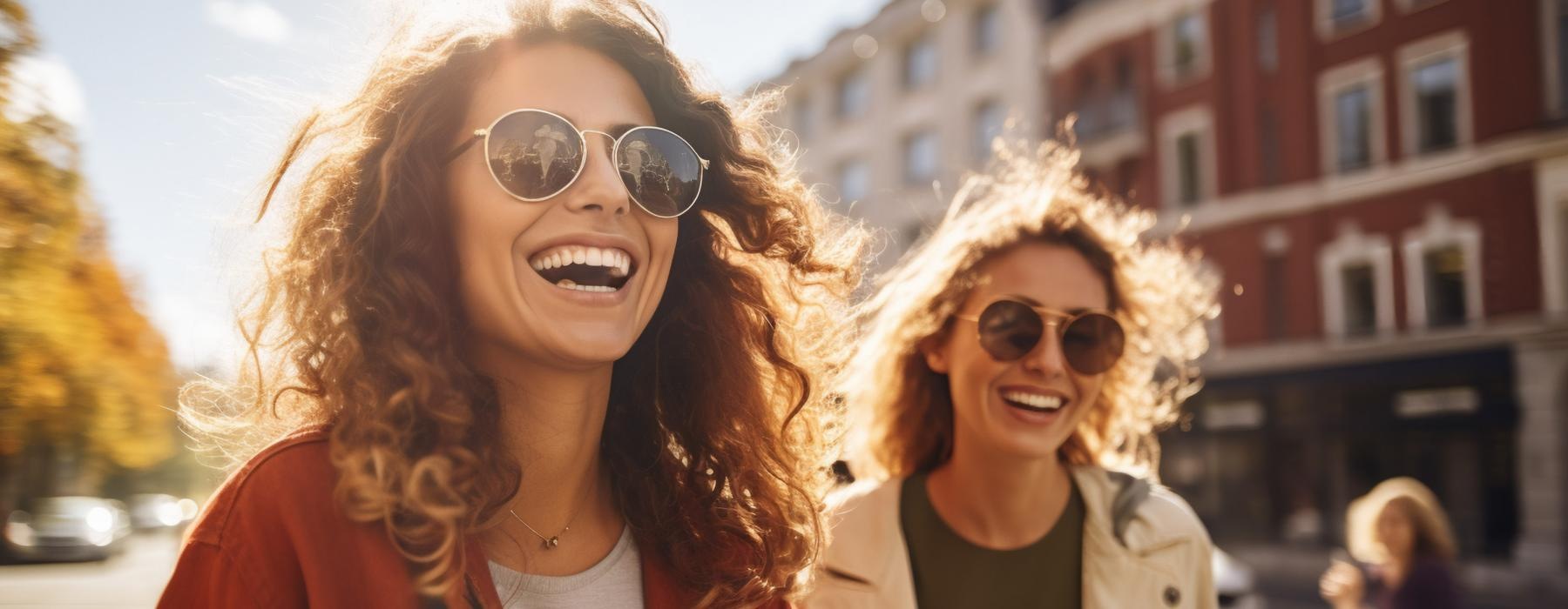 a couple of women wearing sunglasses and smiling at the camera