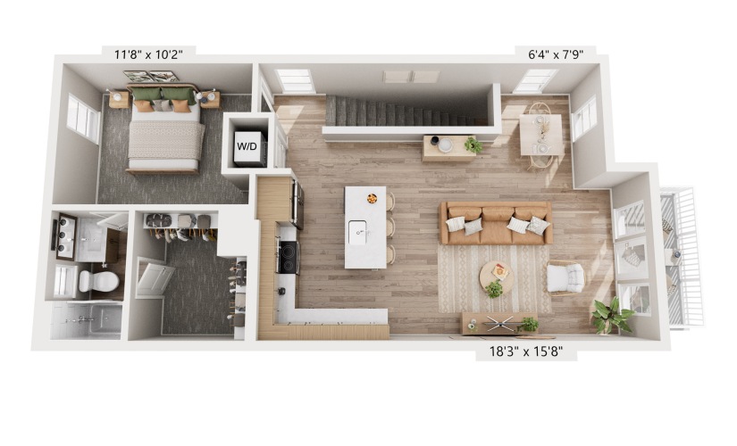 B1 - 2 bedroom floorplan layout with 2 bathrooms and 1255 square feet