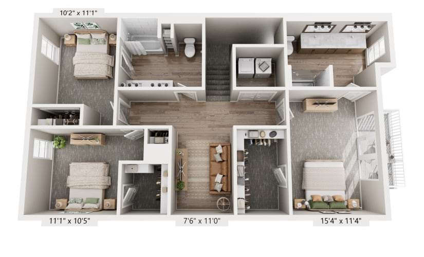 C1 - 3 bedroom floorplan layout with 2.5 bathrooms and 1775 square feet