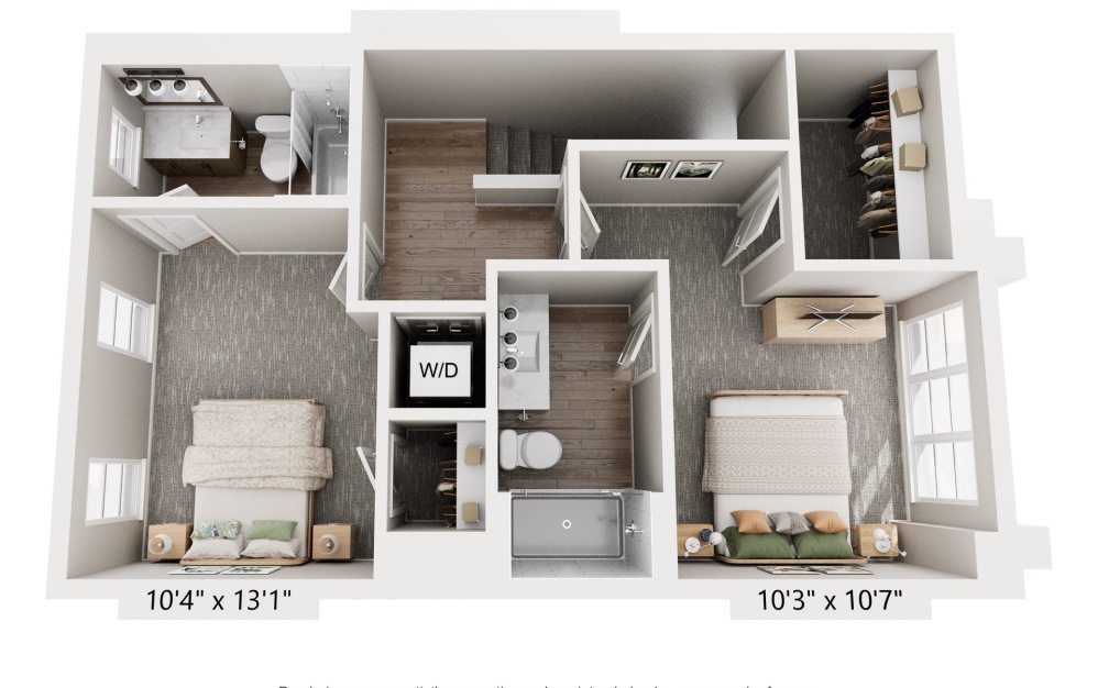 D1 - 2 bedroom floorplan layout with 2.5 bathrooms and 1518 square feet (Floor 3)